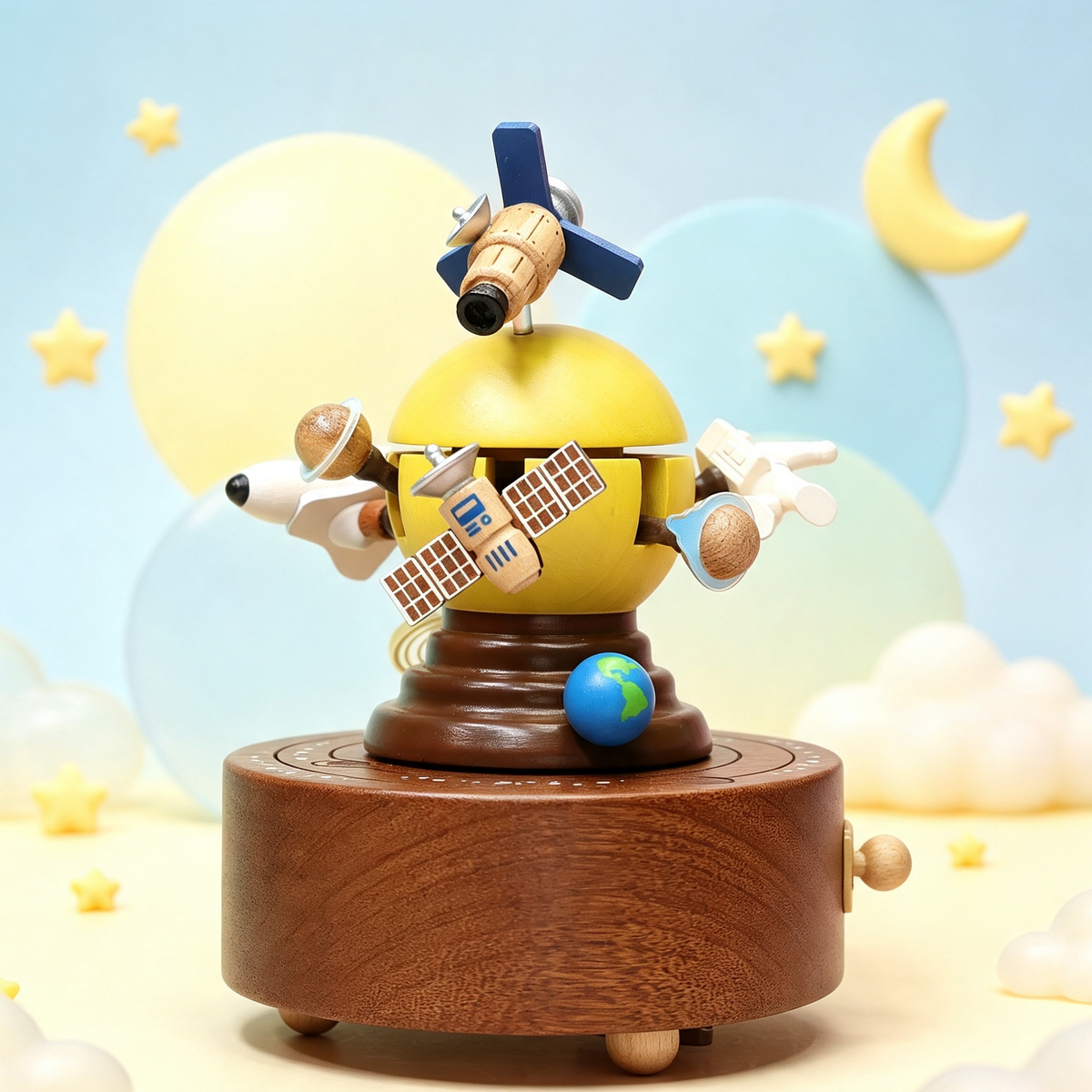 Space Navigation wooden music box,Spacecraft, Satellite, Astronaut, Double Spin Up and Down, Music Box